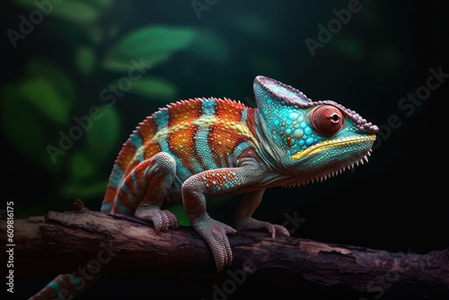 Close-up of bright chameleon on the branch on dark background, Generative AI