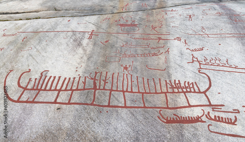 Ancient rock art carvings of large ship in Tanum, Sweden