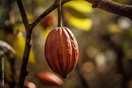 Pod with cocoa beans hanging on 'Theobroma Cacao' Cacao tree. Generative AI illustration