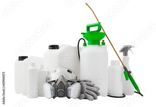 Disinfection, fertilizer and pesticide products isolated on white background. Protective respirator mask, pump pressure sprayer and spray bottles for gardening and housekeeping