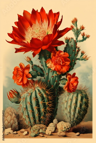 red cacti botanical lithograph illustration of flowers on vintage cream paper, generative ai