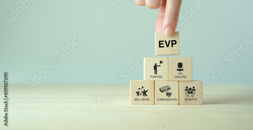 Employee value proposition (EVP) strategy concept. Attract, motivate and retain talented employees in a competitive job market through the corporate culture and benefits offering.