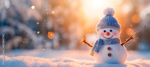 Winter holiday christmas background banner - Closeup of cute funny laughing snowman with wool hat and scarf, on snowy snow snowscape with bokeh lights, illuminated by the sun (Generative Ai)
