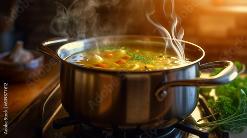 Pot of soup simmering on a stove with vegetables, meat, and herbs | Generative AI