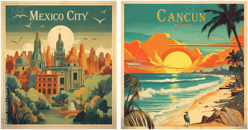 Travel Poster of Mexico -Cancun-Mexico City. Generated AI