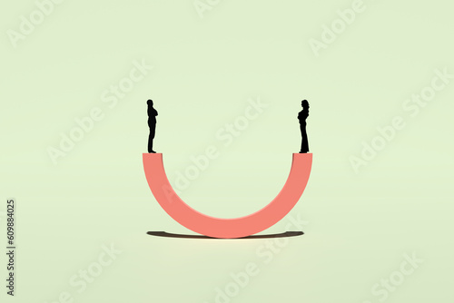 Gender equality and balance. Male and female silhouettes on a seesaw. Abstract 3D render art.