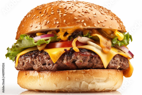 Classic hamburger stock photo, isolated in white, cheeseburger