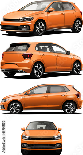 Realistic Vector 3d Car hatchback Isolated Orange color with transparency gradients, manual tracing and front, side and isometric view 