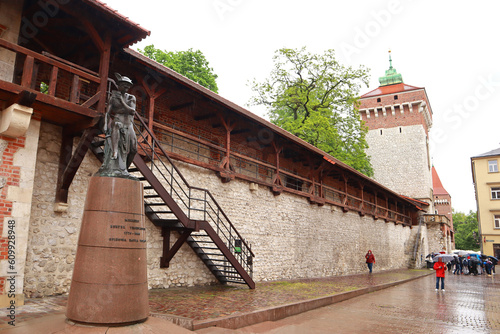 Statue of Mercury and St. Florian's Gate in downtown in Krakow, Poland