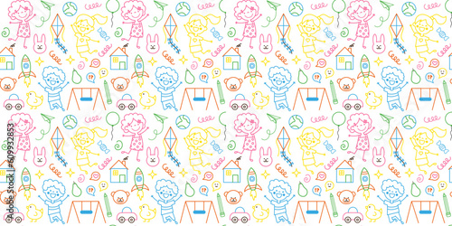 Colorful funny Boys, Girls seamless pattern doodle style. Cute happy kids repeating print. Childish background, texture for textile, fabric, wrapping. Flat graphic vector illustration