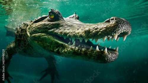Wildlife crocodile green underwater photography. Open jaw reptile teeth. Dangerous animal river mangrove forest close up photo