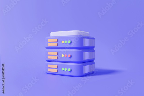 Data center server storage database icon on purple background. digital technology electronic system cloud computing. security protection online platform backup. minimal cartoon. 3d render illustration