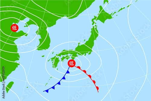 温帯低気圧がある天気予報の気圧配置図