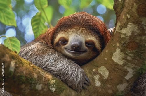 Cute brown sloth sleeping on the tree