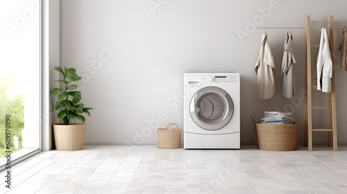 White blurry home laundry room with modern washing machine and empty marble table top. Blank space for product display