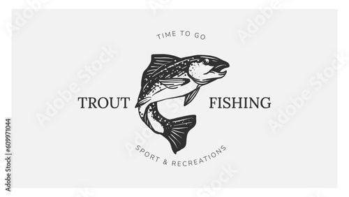Illustration of trout fish. Wilderness adventure logo design for fishing event or fishing club.