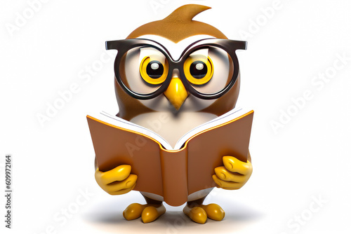Mascot of an owl leaning against a white background, librarian wearing glasses and holding a book. Perfect for logo and studious creative use. Generative AI