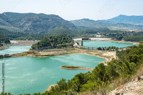 Dams in Andalucia, Southern Spain, suffering from water shortage and low water levels; seen from the Tres Embalses (three dams) viewpoint on the Guadalhorce river