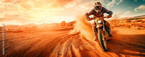 Extreme Motocross MX Rider riding on Sand track , desert on the background. 