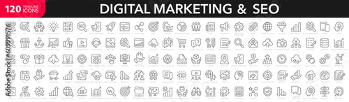 Digital marketing and SEO line icons set. Marketing & Search Engine Optimization outline icons collection. Website, search, mail, analysis, content, strategy, development, store - stock vector.
