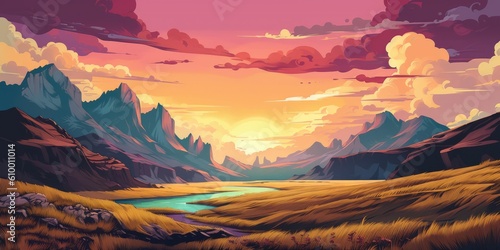 An Illustration of Landscape with Mountain Background - Prairiecore and Realistic Color Schemes Backdrop - Landscape Art Illustration created with Generative AI Technology