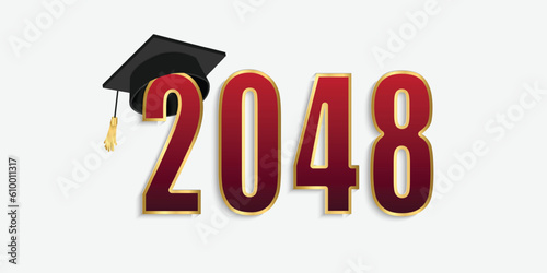 2048 red and gold numbers with graduation hat. vector illustration