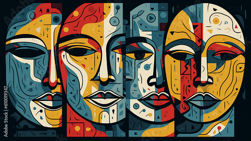 Modern illustration, Surreal colorful faces in yellow, red, white, blue and black. Stylish image for design, generative AI tools 