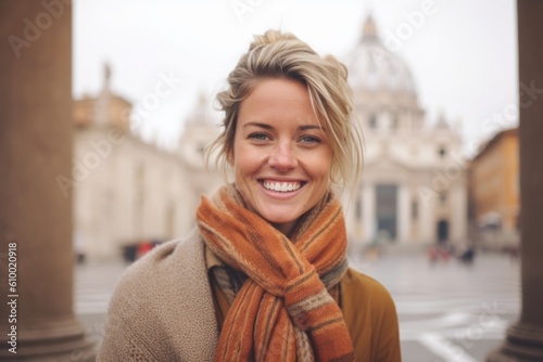 Portrait of a smiling young woman in front of St. Peter's Basilica in Vatican