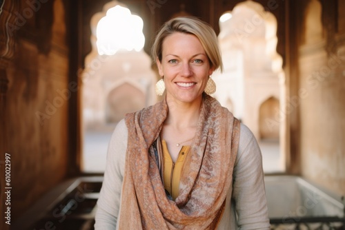 Portrait of happy middle aged woman smiling at camera in a mosque