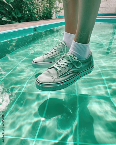 Stylish shoes in swimming pool. Summer creative background. Sneakers shoes on water surface. Aesthetic fashion style. Created with Generative AI