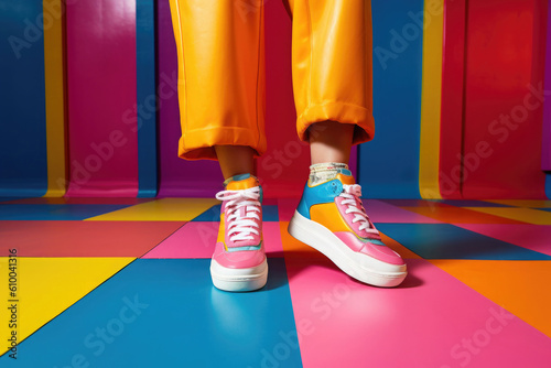 Stylish sneakers on colorful background. Female model wearing trendy shoes. Creative summer wallpaper. Fashion youth style. Created with Generative AI