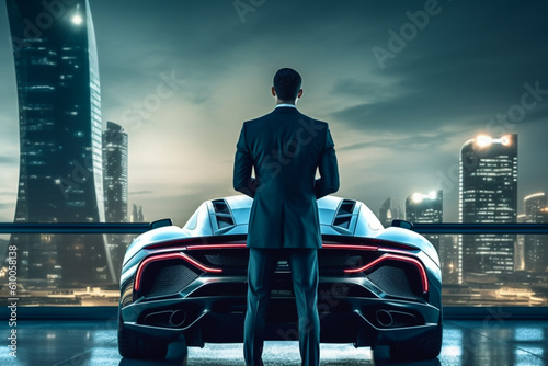 Rich business man wearing a suit standing next to supercar with city skyline background