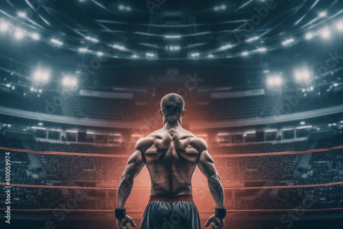 Boxer or MMA figher standing inside boxing ring in stadium, ready to fight and compete