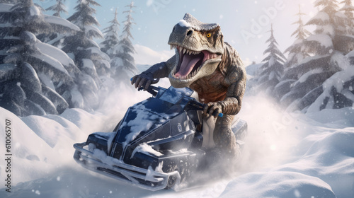 T-Rex driving snowmobile created with Generative AI technology