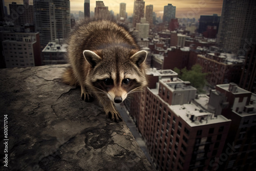 Wildlife in the City: A raccoon or squirrel exploring an urban environment. Generative AI.