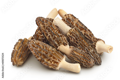 raw morel mushroom isolated on white background with full depth of field