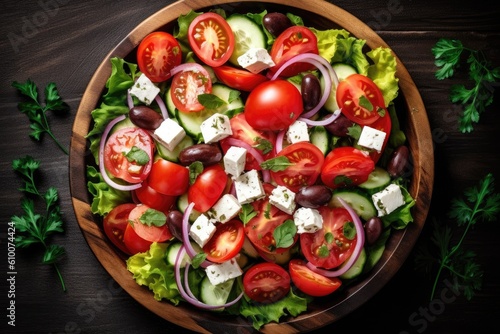 stock photo of greek salad flat lay Food Photography AI Generated