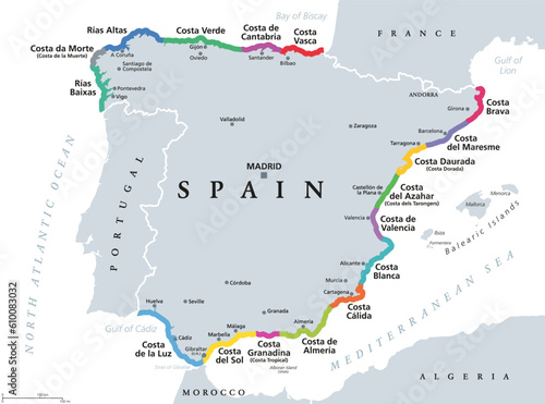 Spain, beaches and coastlines of the Spanish Riviera, political map. Spanish mainland on Iberian Peninsula, with the touristic names of seventeen famous beaches, such as Costa Blanca or Costa del Sol.