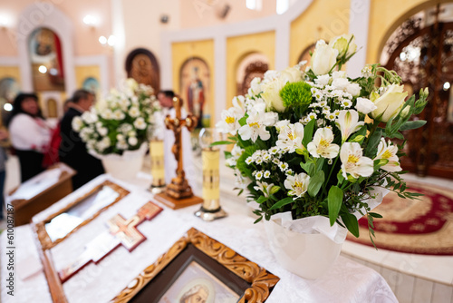 Bouquet of white flowers in the Orthodox church
