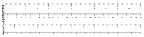 Size indicators measuring tool, ruler scale, precision measurement of ruler scale, centimeters and inches. Set of ruler 30 cm 12 inch on transparent background. 