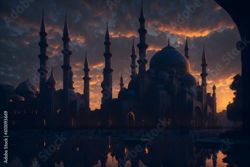 A picture of a beautiful sunset over a mosque
