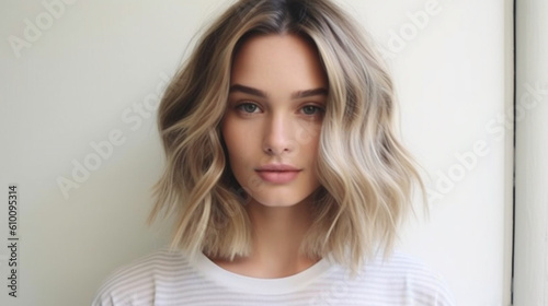 A chic and modern lob (long bob) styled with tousled waves and subtle highlights Generative AI