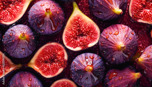 Background of freshly picked and cleaned figs with drops of water, fresh fruit. Generative IA