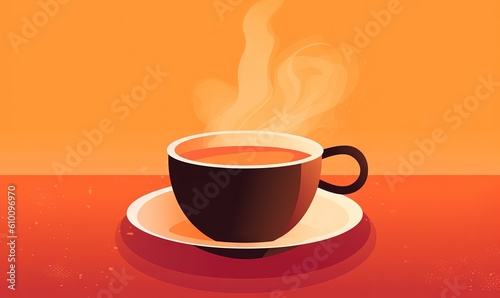  a cup of coffee on a saucer with steam rising out of the top of the cup and saucer on the side of the plate. generative ai