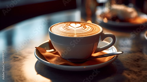 Cup of cappuccino with beautiful latte art on a wooden table and dark background and shallow depth of field. Generative AI