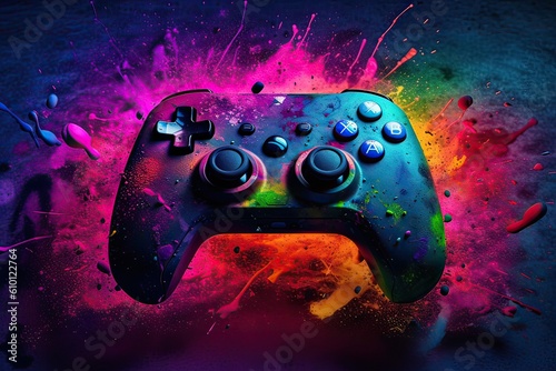 Wallpaper style gamepad portrait, decorated with colored lights or colored smoke. Generative Ai