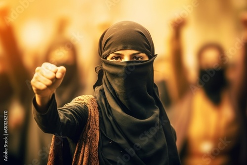 Arab woman protesting at a social rally. AI generated, human enhanced