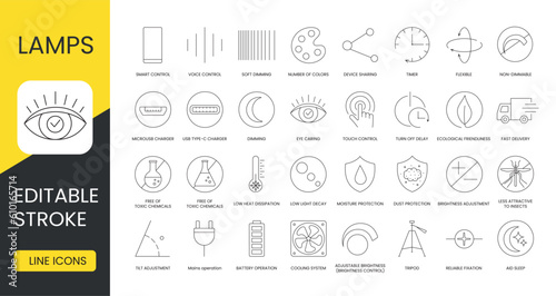 Set of line icons in vector for lamp packaging, technical specifications illustration, voice control and smart control, soft dimming and number of colors, free of toxic chemicals. Editable stroke.