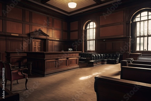 Vintage wooden courtroom interior. 3D Rendering. Retro style. Empty huge vintage courtroom view, AI Generated