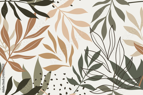 Modern tropical leaves in pastel colors and plants on a horizontal white background create a seamless pattern. Vector.